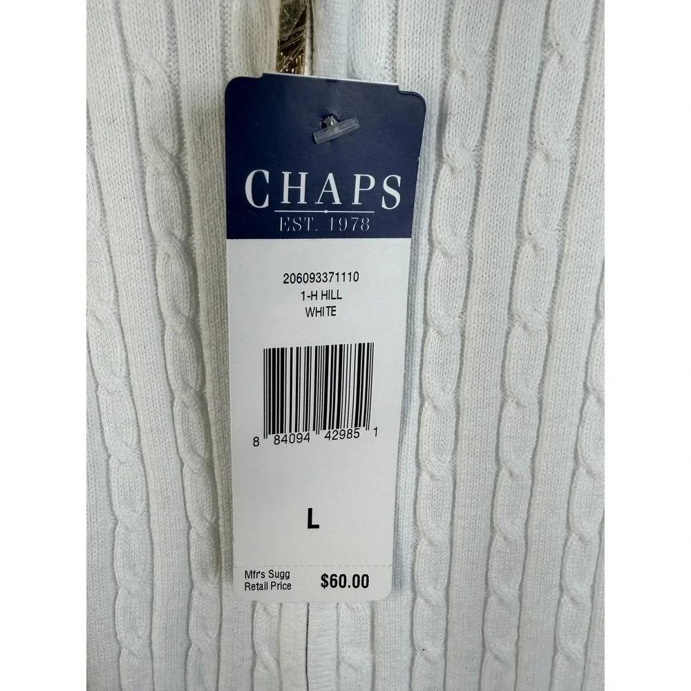 Chaps Sweater Womens Large White Hooded Short‎ Sleeve Cable Knit Full Zip Cotton